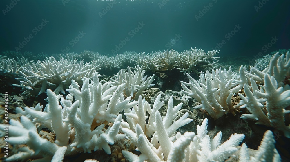 Aufkleber Detailed capture of bleached coral with surrounding marine ecosystem showing the impact of rising temperatures leaving ample empty space on the left side of the image Stock Photo with copy space