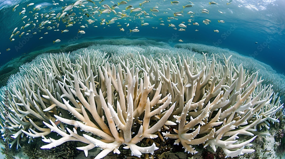 Poster Bleached coral against a backdrop of blue ocean with visible fish highlighting the impact of global boiling and significant empty space on the right side of the image for design purposes Stock Photo