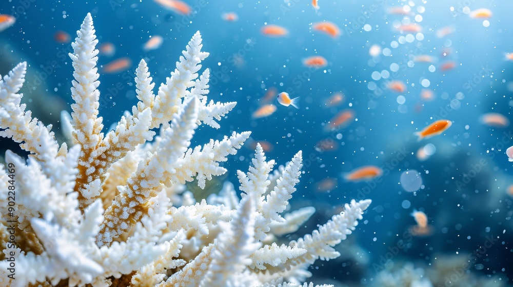 Poster Bleached coral against a backdrop of blue ocean with visible fish highlighting the impact of global boiling and significant empty space on the right side of the image for design purposes Stock Photo