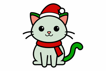 Vector Line Art of Christmas Cute Cat with Santa Claus Hat and Scarf in White Background