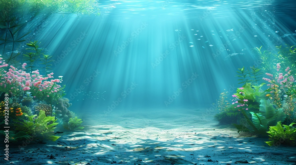 Poster Underwater scene showing a mix of bleached and healthy coral with vibrant fish ensuring the subject is centered with ample empty space around the edges Stock Photo with copy space