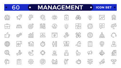 Outline icons related to management, administration, supervision, leadership, business, governance. Linear icon collection. Teamwork icon collection.