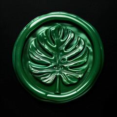 a green wax seal with a leaf design