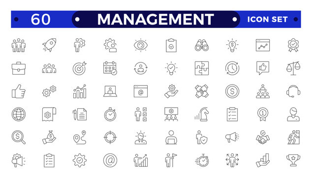 Outline icons related to management, administration, supervision, leadership, business, governance. Linear icon collection. Teamwork icon collection.