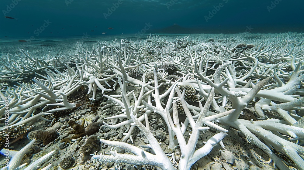Poster high-detail image of coral bleaching with surrounding marine life and the ocean floor visible leavin