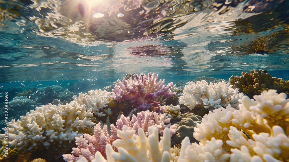 Poster high-detail image of coral bleaching with surrounding marine life and the ocean floor visible leavin