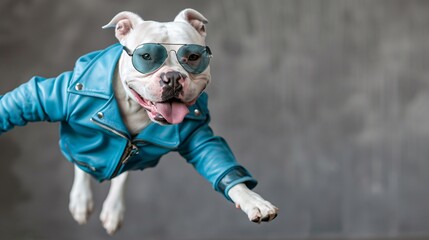 Energetic dog jumping mid-air wearing a bright blue leather jacket styled like a heavy metal musician with stylish sunglasses and ample empty space on the right side of the image Stock Photo with