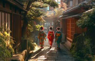 Geisha Walking in Traditional Japanese Street from Behind, Wearing Colorful Kimonos, Sunlight and Shadows on Faces, with Wooden Houses and Green Plants in Background, High-Resolution 
