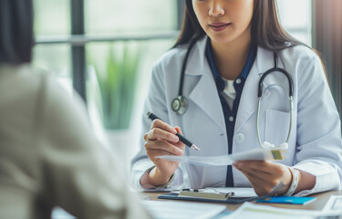 Female Doctor Recording Patient Information with Paper and Pen During Meeting, Close-Up of Medical Equipment like Stethoscope, Natural Light Creating Soft Shadows and Highlighting Facial Expressions