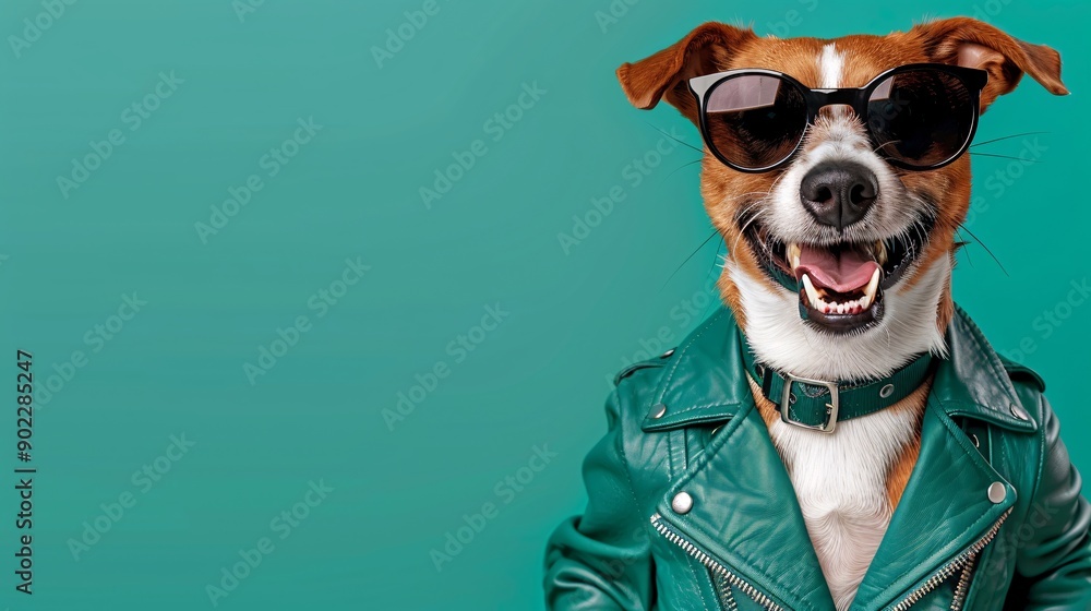 Poster happy dog leaping joyfully in a bright green leather jacket with fashionable sunglasses with signifi