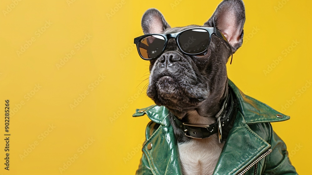 Poster happy dog leaping joyfully in a bright green leather jacket with fashionable sunglasses with signifi