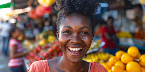 Fototapeta premium african woman. A beautiful woman smiles while shopping at a lively market full of fresh produce.