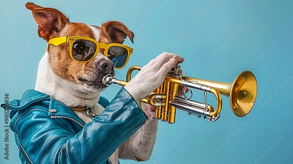 Aufkleber dog playing a trumpet in a vibrant turquoise leather outfit with stylish sunglasses ensuring ample e