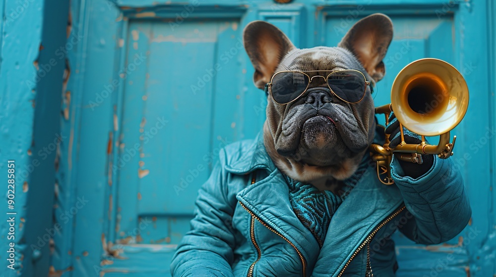 Poster dog playing a trumpet in a vibrant turquoise leather outfit with stylish sunglasses ensuring ample e
