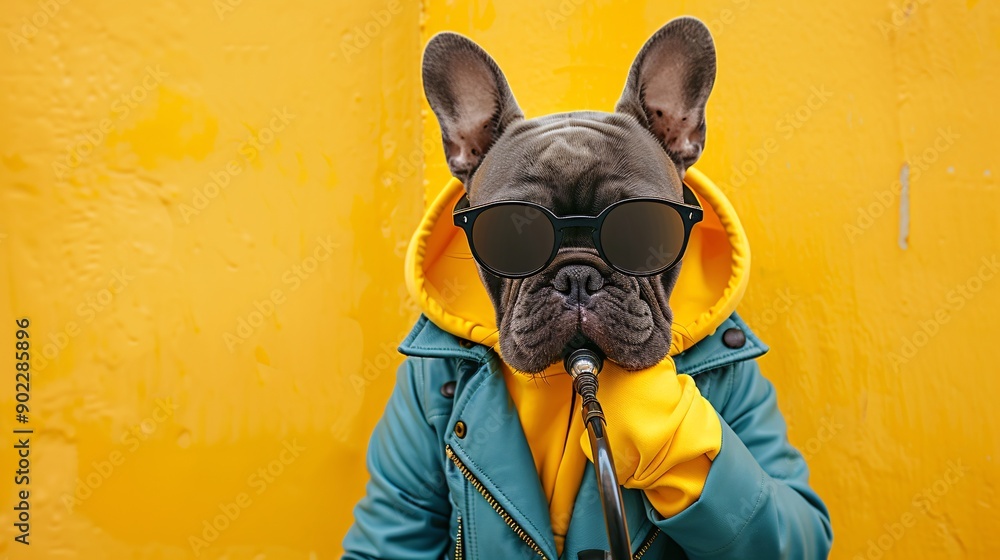 Poster dog playing a trumpet in a vibrant turquoise leather outfit with stylish sunglasses ensuring ample e