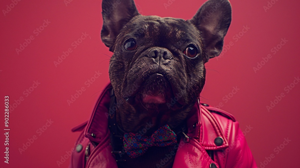 Poster joyful dog wearing a bright pink leather jacket styled like a heavy metal musician with a colorful b