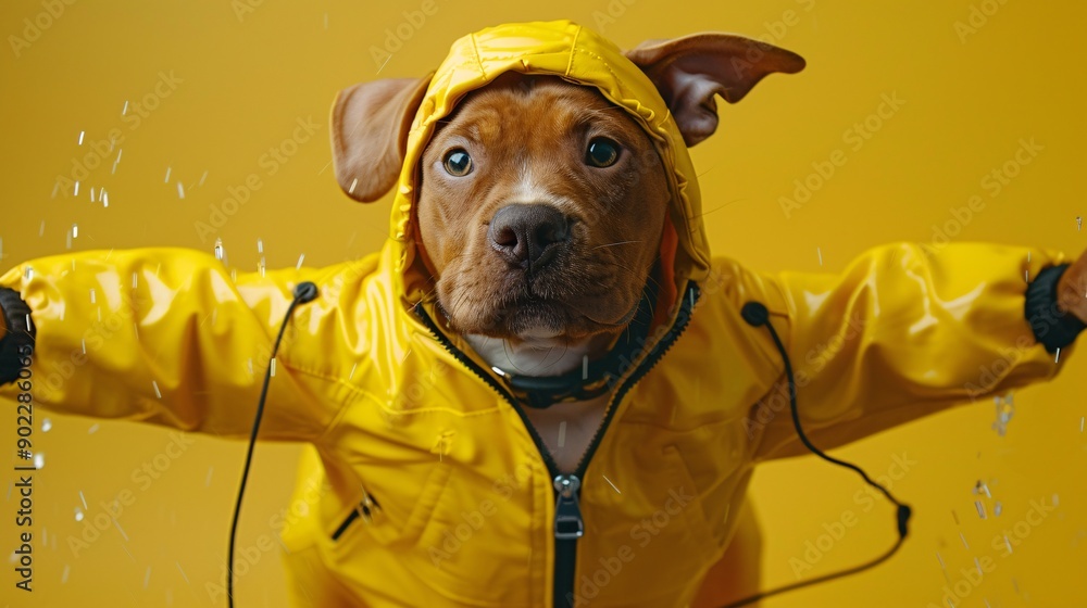 Poster energetic dog jumping high in a bright yellow leather suit with fashionable accessories ensuring the
