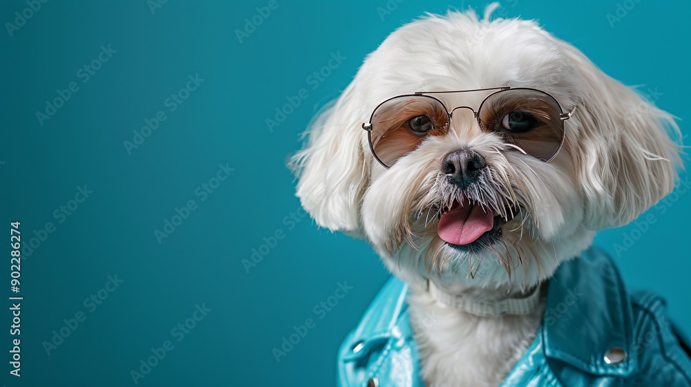 Poster playful dog smiling and dressed in a vivid blue leather outfit with stylish sunglasses with signific