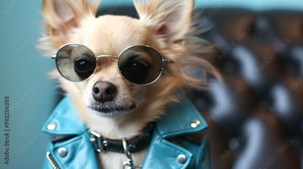 Poster playful dog smiling and dressed in a vivid blue leather outfit with stylish sunglasses with signific