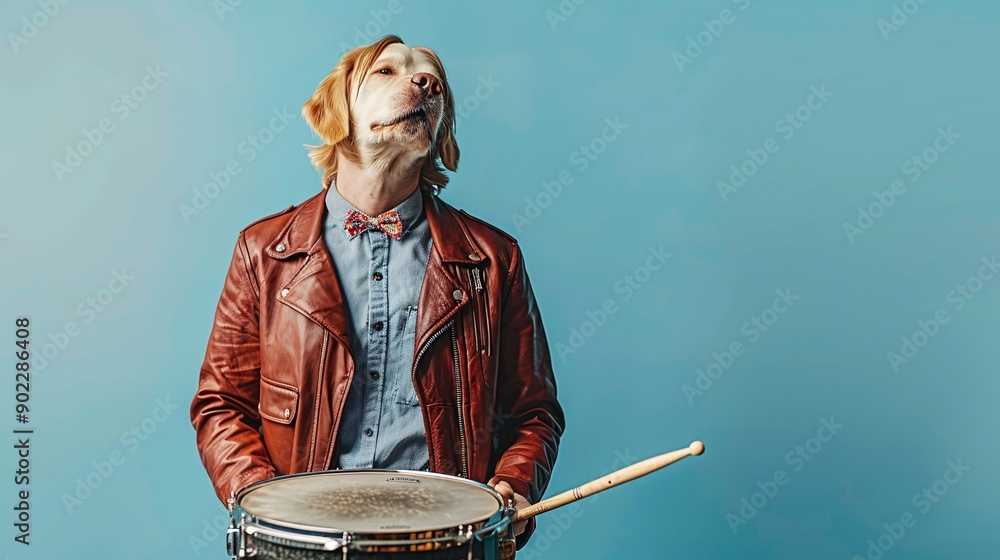 Poster dog playing a snare drum while wearing a bright red leather jacket and colorful bowtie leaving ample