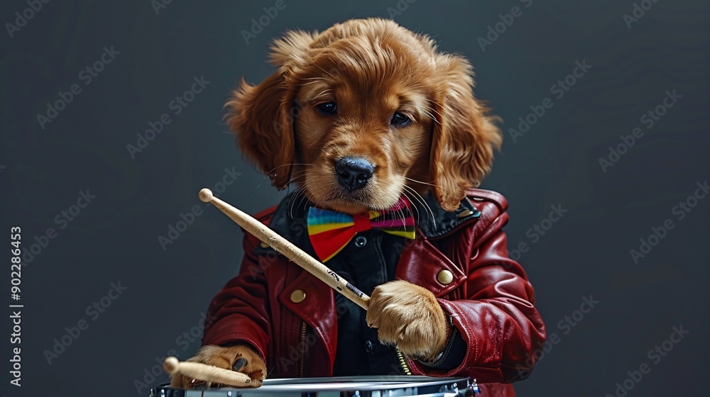 Poster dog playing a snare drum while wearing a bright red leather jacket and colorful bowtie leaving ample