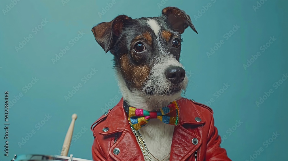 Aufkleber dog playing a snare drum while wearing a bright red leather jacket and colorful bowtie leaving ample