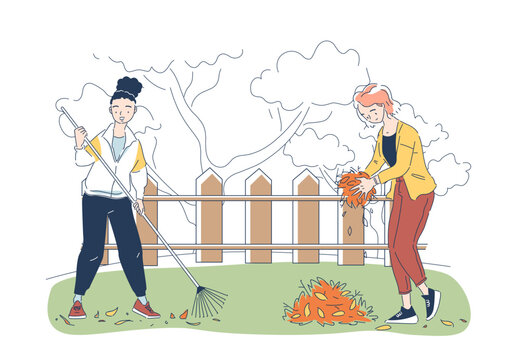 women raking leaves in garden clip art preview