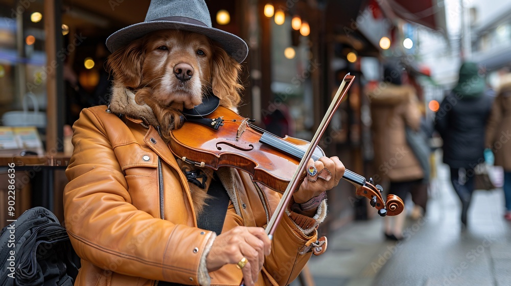 Poster dog dressed in a vibrant orange leather outfit playing a violin with fashionable accessories ensurin