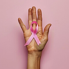 Breast Cancer Awareness month - Adult Woman hand holding Pink Ribbon on pink background for supporting people living and illness.