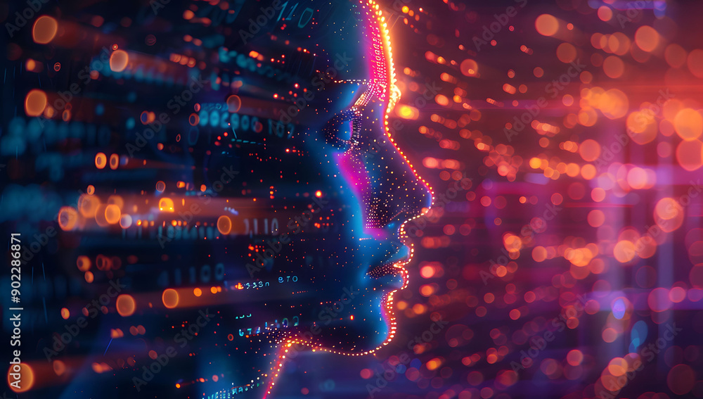 Poster a digital illustration of an ai robot head with glowing data streams in the background. the cybernet