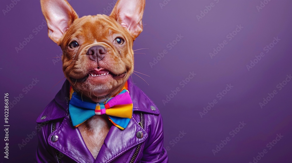 Aufkleber smiling dog wearing a bright purple leather jacket and colorful bowtie jumping energetically leaving