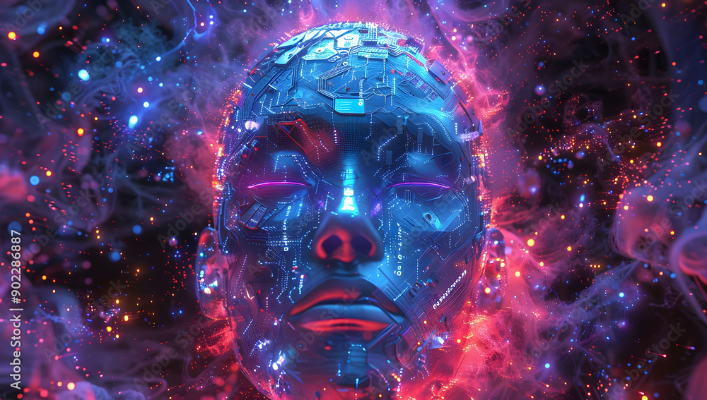 Poster a digital illustration of an ai robot head with glowing data streams in the background. the cybernet