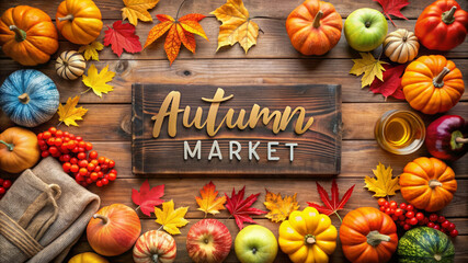 Autumn Market Background with Pumpkins, Apples, and Leaves.