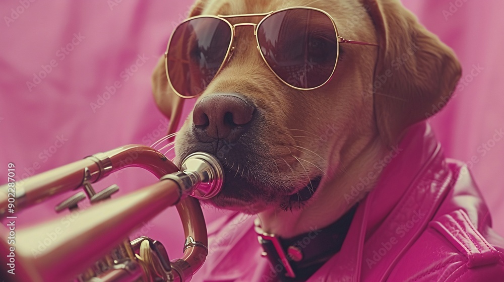Poster dog playing a trombone in a vivid pink leather suit styled like a heavy metal musician with stylish 