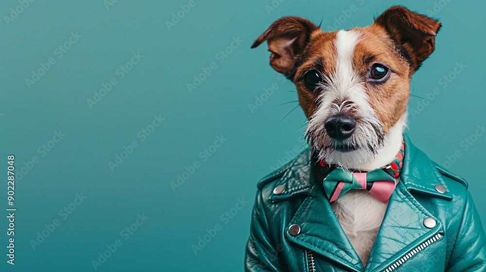 Aufkleber joyful dog wearing a bright turquoise leather jacket with fashionable accessories and colorful bowti
