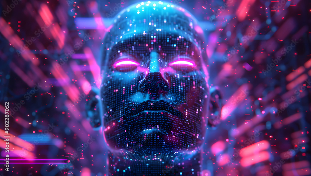 Poster a digital illustration of an ai robot head with glowing data streams in the background. the cybernet