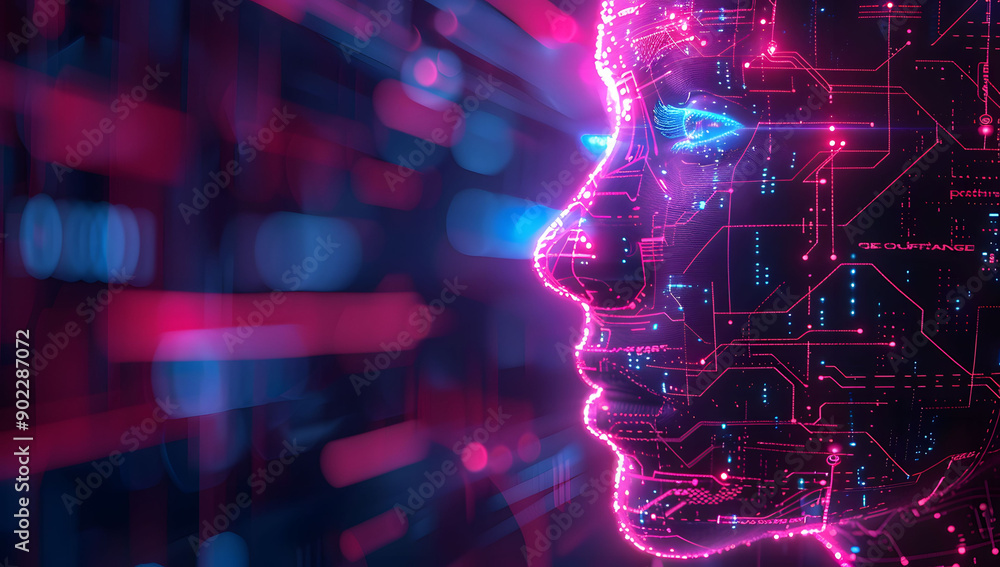 Poster a digital illustration of an ai robot head with glowing data streams in the background. the cybernet