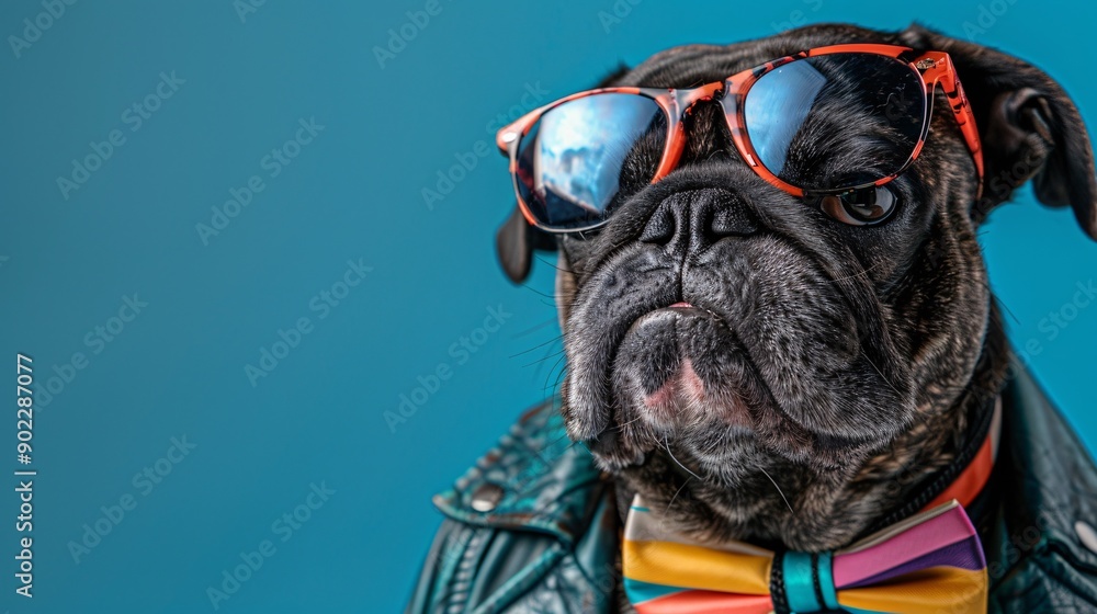 Aufkleber joyful dog wearing a bright turquoise leather jacket with fashionable accessories and colorful bowti