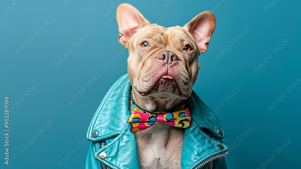 Poster joyful dog wearing a bright turquoise leather jacket with fashionable accessories and colorful bowti