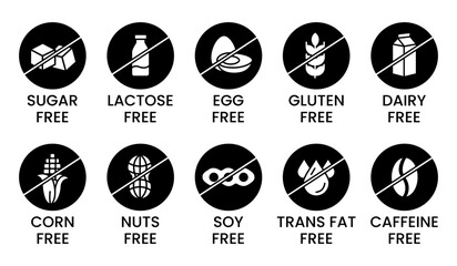 Set allergen free icons. Allergen free products. Products warning symbols. Lactose, gluten, sugar, corn, egg, trans fat, soy, nuts free, coffeine sign.