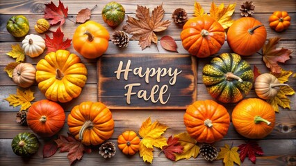 Happy Fall with Pumpkins and Autumn Leaves on Wooden Background.