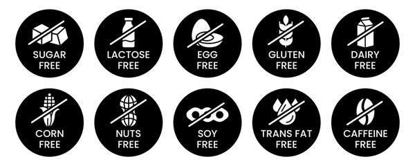 Naklejka premium Set allergen free icons. Allergen free products. Products warning symbols. Lactose, gluten, sugar, corn, egg, trans fat, soy, nuts free, coffeine sign.