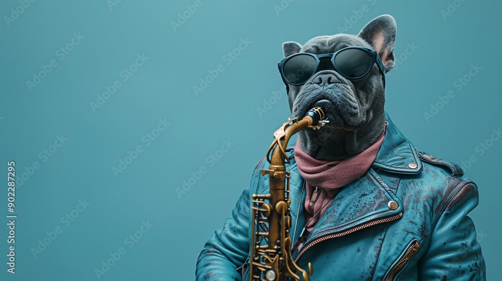 Poster dog playing a saxophone while wearing a bright blue leather jacket with stylish sunglasses ensuring 