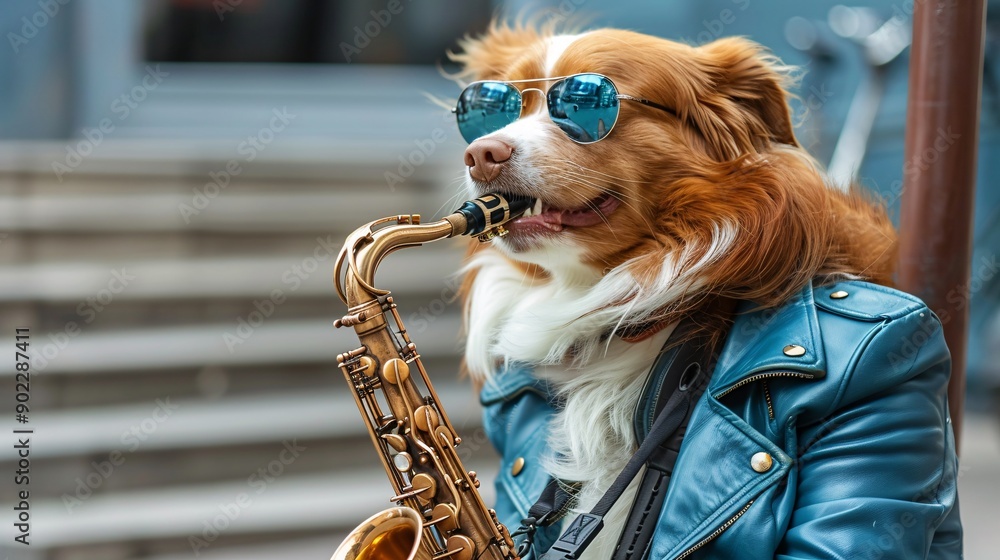 Poster dog playing a saxophone while wearing a bright blue leather jacket with stylish sunglasses ensuring 