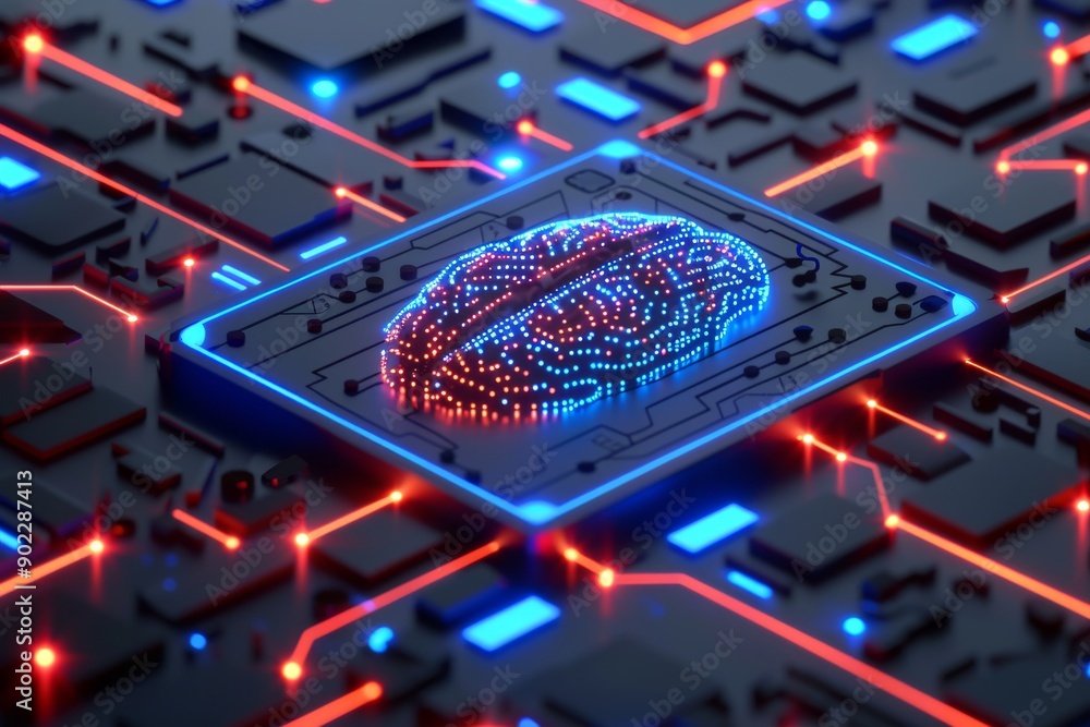 Poster advanced neural brain model with illuminated circuitry on high tech board
