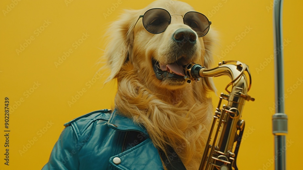 Poster dog playing a saxophone while wearing a bright blue leather jacket with stylish sunglasses ensuring 