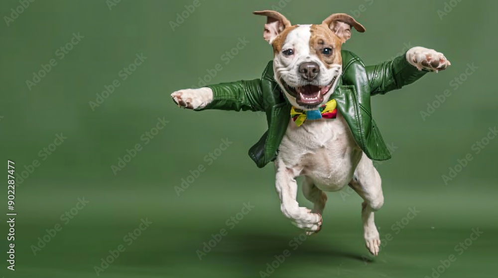 Poster happy dog leaping joyfully in a vivid green leather suit and colorful leather bowtie leaving signifi