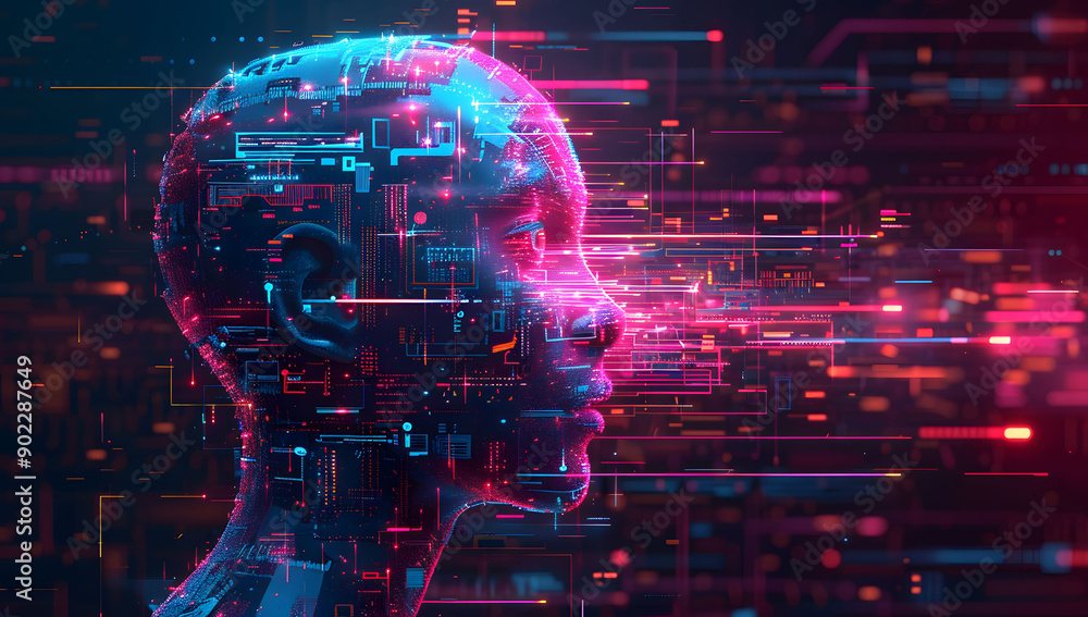 Poster a digital illustration of an ai robot head with glowing data streams in the background. the cybernet