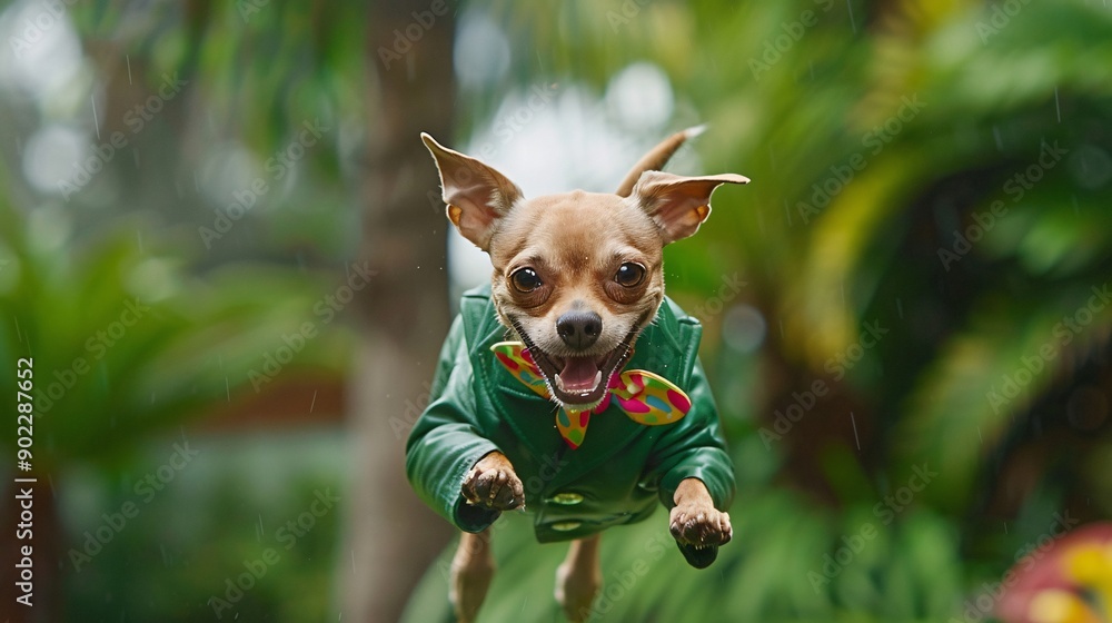 Aufkleber happy dog leaping joyfully in a vivid green leather suit and colorful leather bowtie leaving signifi