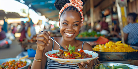 Fototapeta premium african woman. A young woman smiles brightly while enjoying a delicious meal at a bustling market.